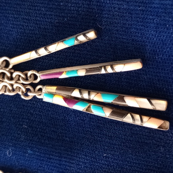 Native American Zuni Multi-stone Inlay Sterling Silver Dangle Stud Earrings - Picture 14 of 17